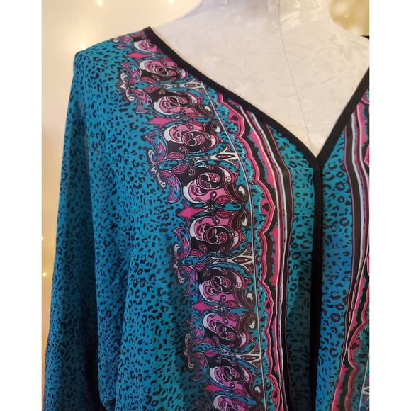 Ali Miles Womens Animal Print Boho Stripe Tie Front Semi Sheer Blouse Top Size L - Picture 2 of 11